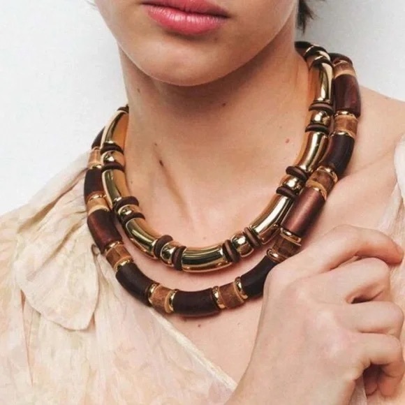 NWT Zara Pack of 2 Gold and Wood Necklaces - Picture 1 of 10